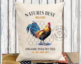 Primitive Farmhouse Natures Best Chicken Rooster Poultry Feed Fabric Pillow #1214