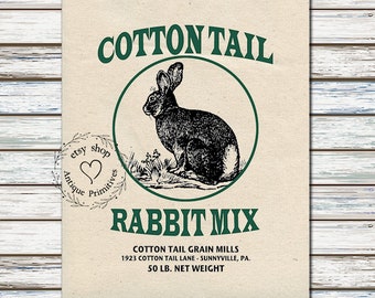 Primitive Farmhouse Cottontail Bunny Rabbit Mix Spring Easter Cream or White Flour Sack Fabric Panel #1230