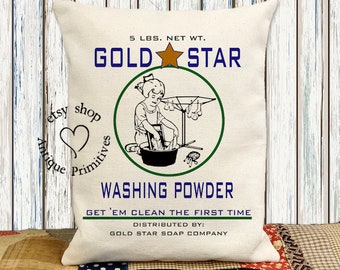 Primitive Farmhouse Gold Star Washing Powder Flour Sack Fabric Pillow #1271