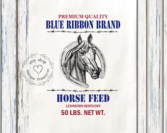 Primitive Farmhouse Blue Ribbon Feed Horse Cream or Soft White Fabric Panel #1220