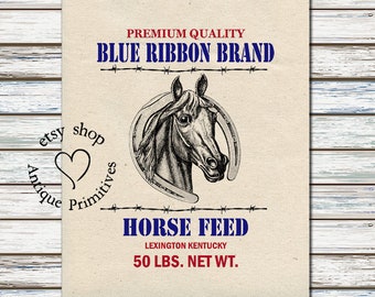 Primitive Farmhouse Blue Ribbon Feed Horse Cream or White Flour Sack Fabric Panel #1220