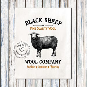 May include: Black and white illustration of a sheep with the text "Black Sheep Fine Quality Wool Wool Company Carding Spinning Weaving" and a heart-shaped logo with the text "etsy shop Antique Primitives".