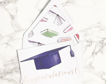 Purple and Gold Foil Graduation Card and Envelope Liners - Congratulations Card - Gold Foil - Graduation Cap