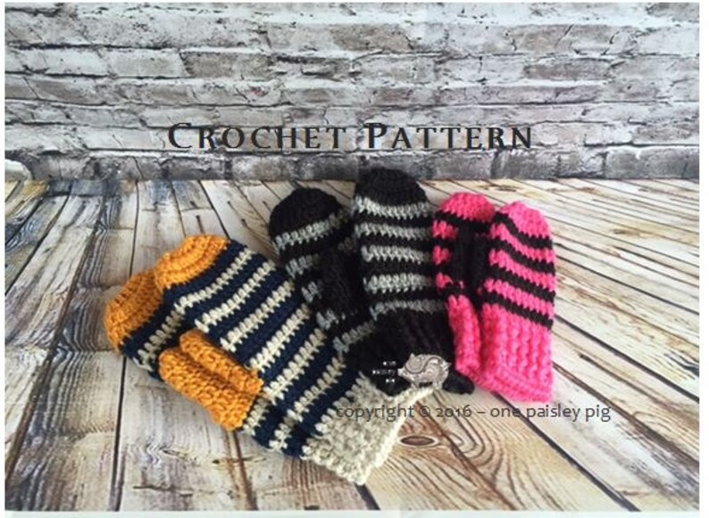 May include: A crochet pattern document featuring three pairs of handmade mittens in different color combinations: mustard yellow and navy blue, black and grey stripes, and hot pink and black stripes. The text reads CROCHET PATTERN.