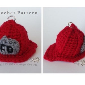 May include: A red crocheted firefighter hat with a gray "FD" patch and a silver loop for hanging. Crochet pattern.