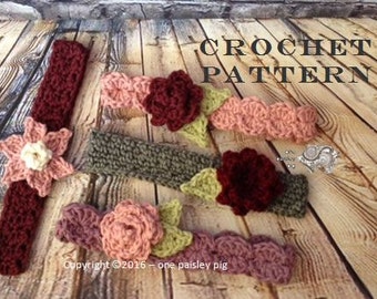 May include: Crochet pattern for a headband with a flower design. The headband is available in three colors: burgundy, green, and pink. The pattern includes instructions for crocheting the headband and the flower.
