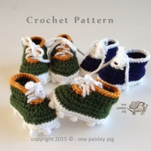 May include: Crochet pattern for baby booties. The booties are green, blue, and white with white laces. The pattern is called "Crochet Pattern" and is copyrighted 2015 by "one paisley pig".
