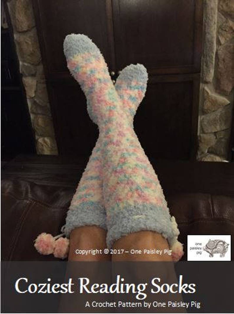 May include: A pair of cozy, fluffy reading socks in a pastel pink, blue, and white color scheme. The socks have a pom-pom detail at the top.