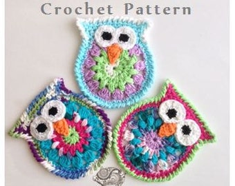 May include: Three crocheted owl ornaments in different colors. The owls are made with a variety of stitches and colors, including pink, blue, green, and purple. The owls have white eyes and orange beaks. The text "Crochet Pattern" is at the top of the image and "copyright 2015 - one paisley pig" is at the bottom.