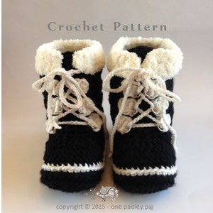 May include: Crochet pattern for a pair of black and white boot slippers with a white faux fur cuff. The boots have a lace-up design with white laces and white eyelets. The text "Crochet Pattern" is at the top of the image. The text "copyright © 2015 - one paisley pig" is at the bottom of the image.