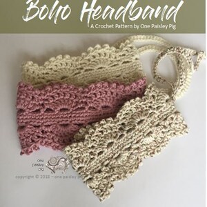 May include: Three crocheted headbands in different colors: beige, pink, and cream. The headbands are made with a delicate lace pattern. The headbands are layered on top of each other.