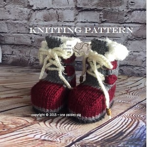 May include: Knitting pattern for a pair of red, grey, and white baby booties with white laces. The booties have a faux fur trim and are decorated with wooden beads. The pattern is titled "Knitting Pattern" and is copyrighted by "one paisley pig".