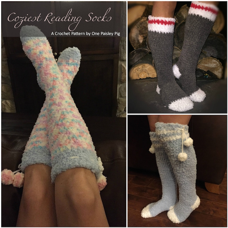 May include: Three pairs of cozy, fuzzy, crochet knee-high socks. The socks are in different colors and patterns, including pink, blue, white, and gray. The socks have pom-poms on the top and white cuffs.