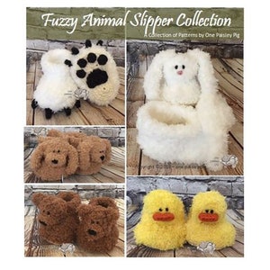May include: A collection of four pairs of fuzzy animal slipper patterns. The patterns include a bear, a duck, a bunny, and a paw print. The patterns are available for download from One Paisley Pig.