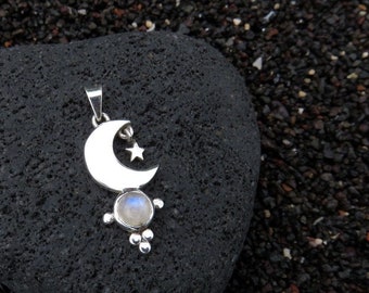 tiny pendant with moon and star on necklace silver