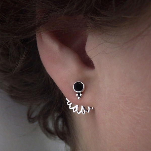 front back earpins with 3 dots, ear jacket, silver, facetted black spinell