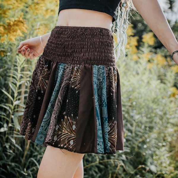 short patchwork skirt in brown/turquoise