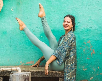 blue and gold patterned kimono, blouse, wrap, light jacket