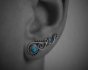 Boucle d'oreille en spirale Earclimber avec pierres et points ; Grimpeuses d'oreilles, boucles d'oreilles alpiniste, turquoise