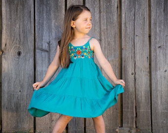 dress with flower embroidery for girls in turquoise