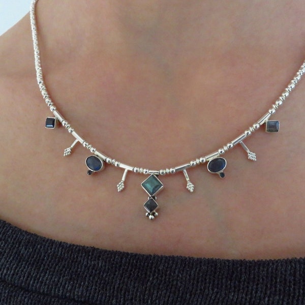 silver necklace with labradorite stones