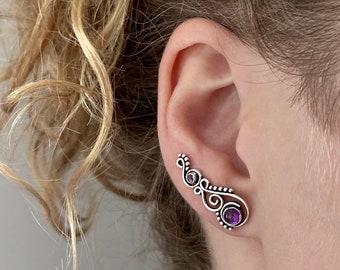 Boucle d'oreille en spirale Earclimber avec pierres et points ; Grimpeuses d'oreilles, boucles d'oreilles alpiniste, améthyste