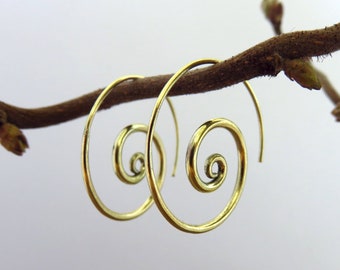 spiral hoop earrings brass, spiral hoops, boho earrings