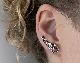 earclimber earring spiral with stones and dots, tiger eye