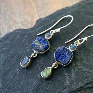 silver earrings with raw stone, rainbow moonstone, lapis lazuli, rainbow moonstone image 1