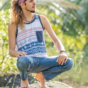 tank top with geometric pattern for men with pocket in white red blue