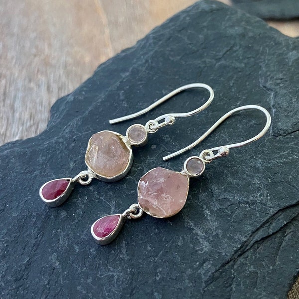 silver earrings with raw stone, rose quartz, ruby