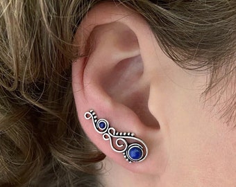 earclimber earring spiral with stones and dots, lapis lazuli