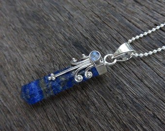 lapislazuli crystal pendant, spirals, dots and small moonstone silver