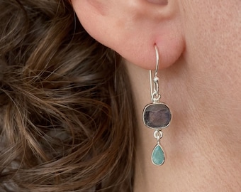 silver earrings with raw stone, tanzanite, emerald