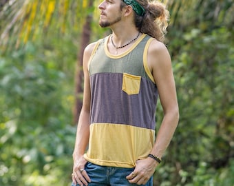 tank top with geometric pattern for men with pocket in olive green, brown, yellow