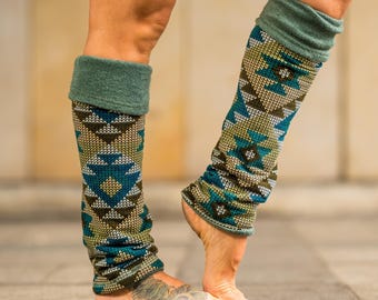 Boho Reversible Legwarmers – Yoga & Dance Leg Warmers, 4-in-1 Design for Women in turquoise/ Patterned
