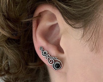 earclimber earcuff spiral with stones and dots; black onyx