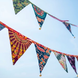 colourful bunting /Patchwork style garland with brass bells