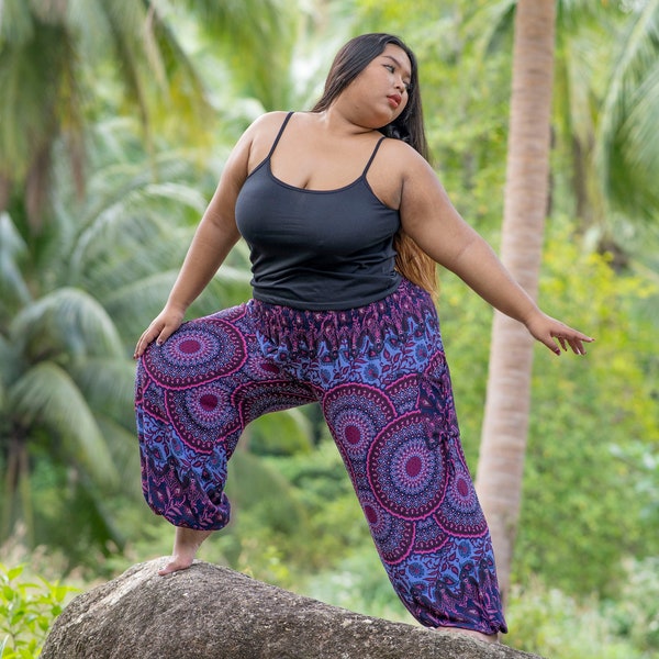 PLUS SIZE, XXL pants with mandala print in pink purple