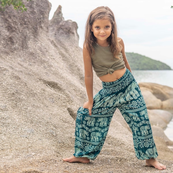 Sarouel turquoise avec éléphants pour enfants, pantalons enfants, pantalons d'été aérés pour enfants, pantalons éléphants