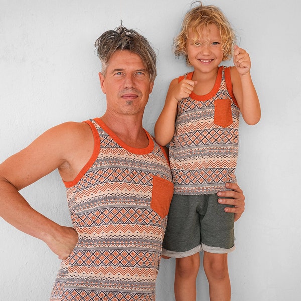 tank top with geometric pattern for men with pocket in orange blue beige