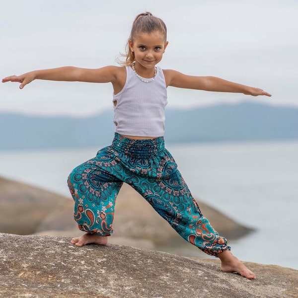 türkis orange gemusterte Pluderhose für Kinder, Kinderhose, luftige Hose für Kinder