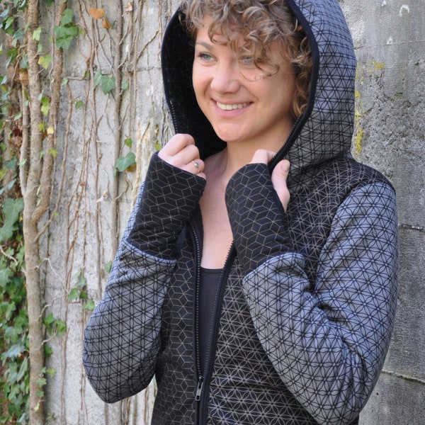 patchwork hoodie with zipper und thumbholes
