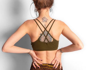 yoga top with detailed back design and flower of life print in olive green