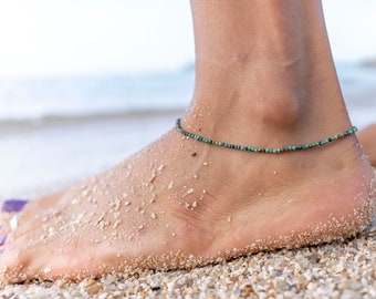 adjustable anklet with small real turquoise beads