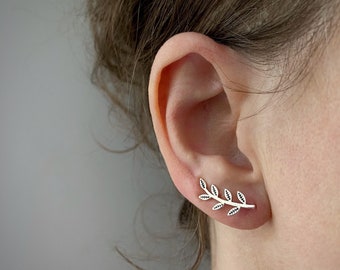 Boucles d'oreilles Earclimber feuilles en argent, earcrawler, boucles d'oreilles d'alpiniste