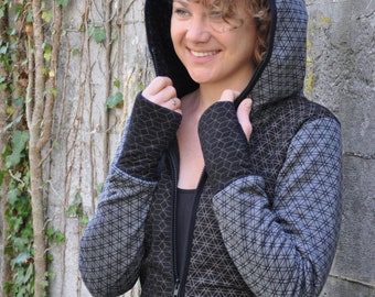 patchwork hoodie with zipper und thumbholes