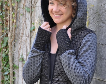 patchwork hoodie with zipper und thumbholes