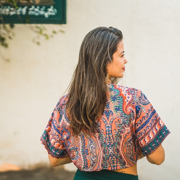 short kimono to tie, blouse, summer blouse, wrap, orange colorful patterned