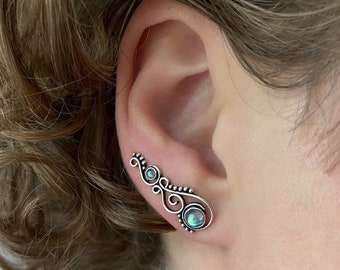 Boucle d'oreille en spirale Earclimber avec pierres et points ; Grimpeuses d'oreilles, boucles d'oreilles alpiniste, labradorite